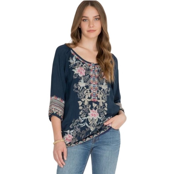 Johnny Was Tops - Johnny Was Mari Blouse Navy Blue Floral Embroidered 3/4 Sleeve Bohemian Top Sz S